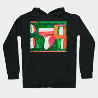 Italia flag surrounded by a love heart two squares ,two circles coloured background Hoodie